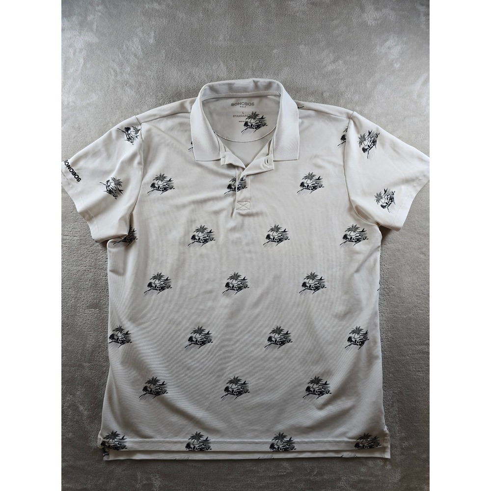 Bonobos Golf Polo Shirt Mens L White All Over Print Car Palm Tree Short Sleeve